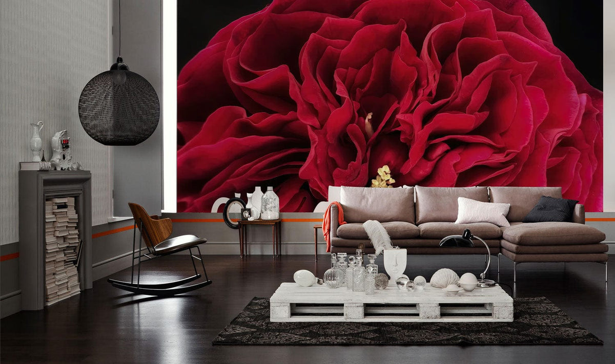 Luxurious deep red floral wallpaper, modern grey sofa, dark wooden flooring, elegant living room decor.