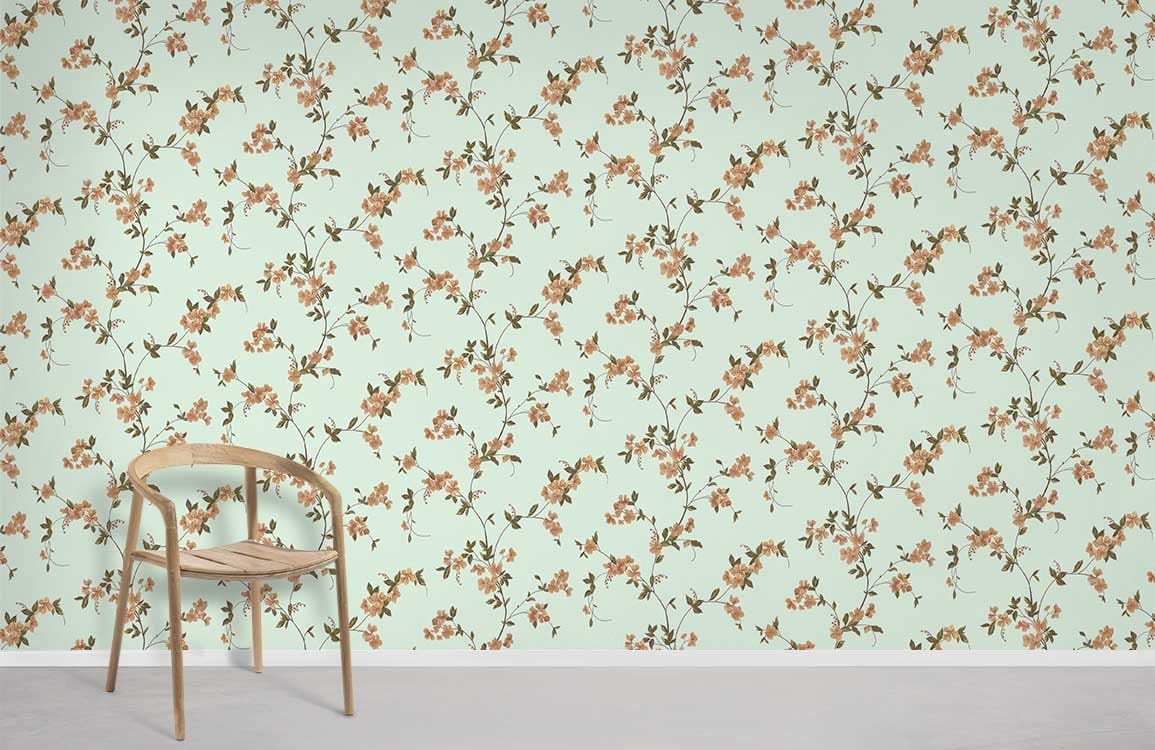 Vintage floral wallpaper in mint green, coral blossom pattern with wooden chair on grey flooring.