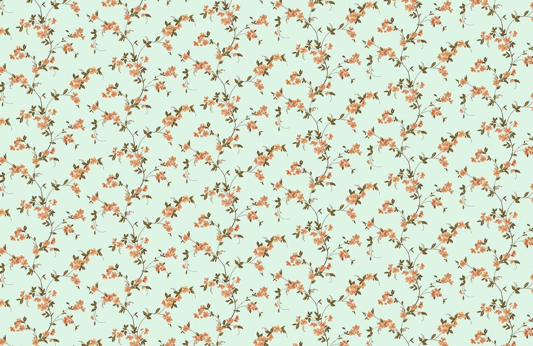 Vintage Floral Pattern Wallpaper - Mint Green and Coral Blossom Design
