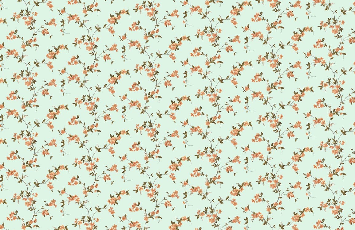 Vintage Floral Pattern Wallpaper - Mint Green and Coral Blossom Design