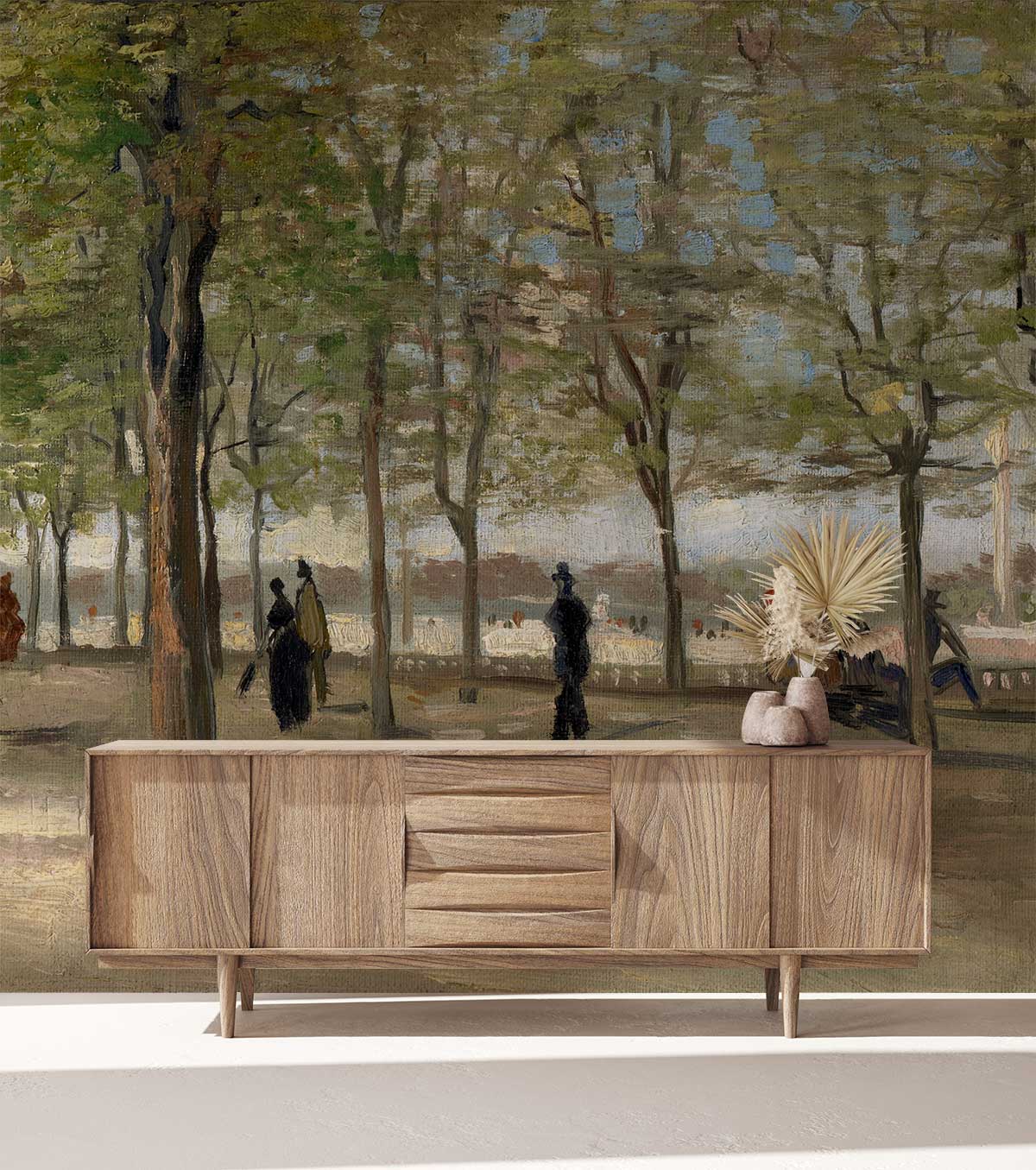Impressionist Park Scene Mural, trees, figures; wooden sideboard, natural light, living room setting.