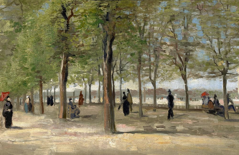 Impressionist Park Scene Mural Wallpaper with Trees and Figures in Green