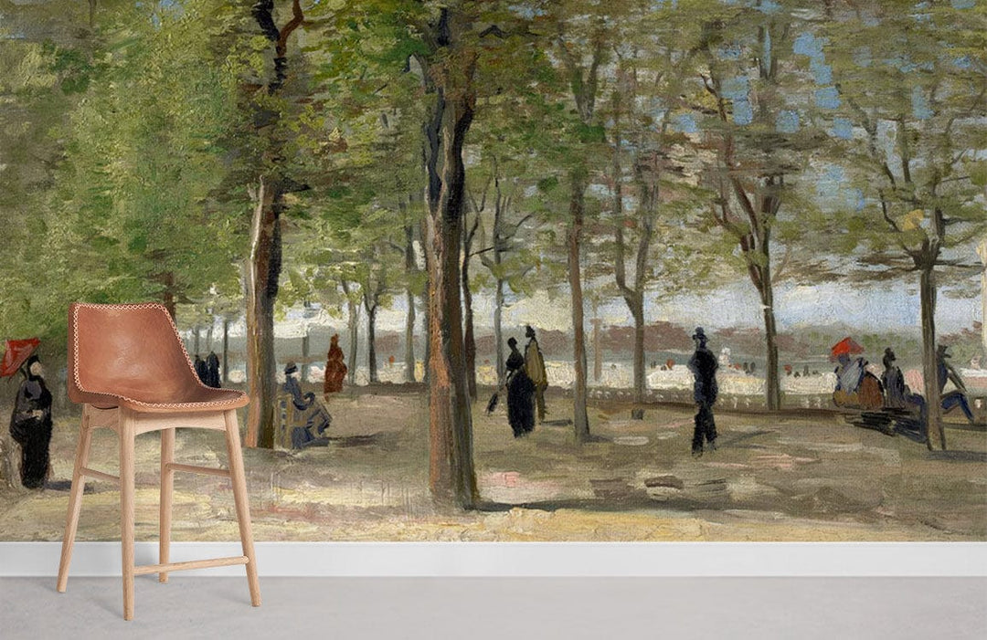 Impressionist Park Scene Mural Wallpaper, brown leather stool, minimalist room, pale flooring.