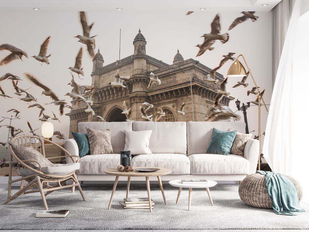 Vintage Gateway of India mural wallpaper with birds, beige tones, modern sofa, natural decor, living room.