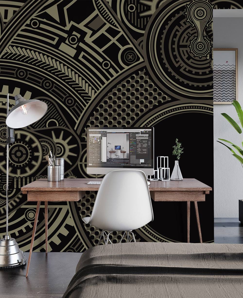 Steampunk Gears industrial mural with vintage desk, white chair, modern lamp, in contemporary home office.