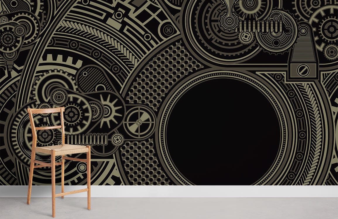Steampunk Gears Wallpaper Mural in monochrome with wooden chair, complements industrial-themed room Décor.