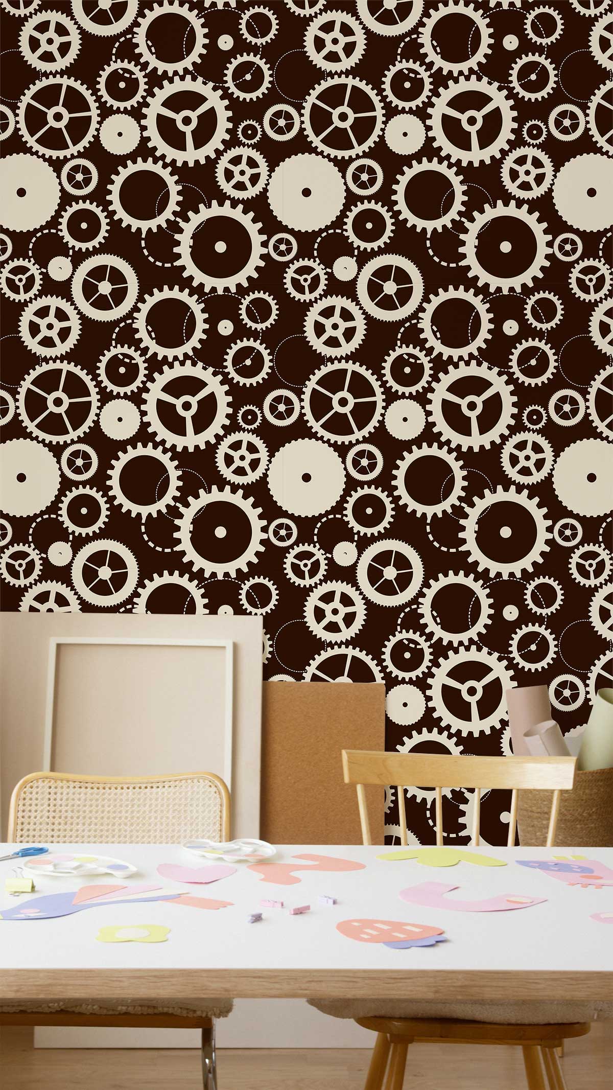 Steampunk Gear Pattern Wallpaper: Vintage brown-cream style, dining room with wooden chairs, light flooring.