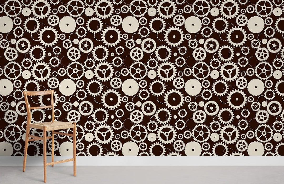 Steampunk Gear Pattern Wallpaper, vintage brown and cream; wooden chair, grey flooring, minimalist style.