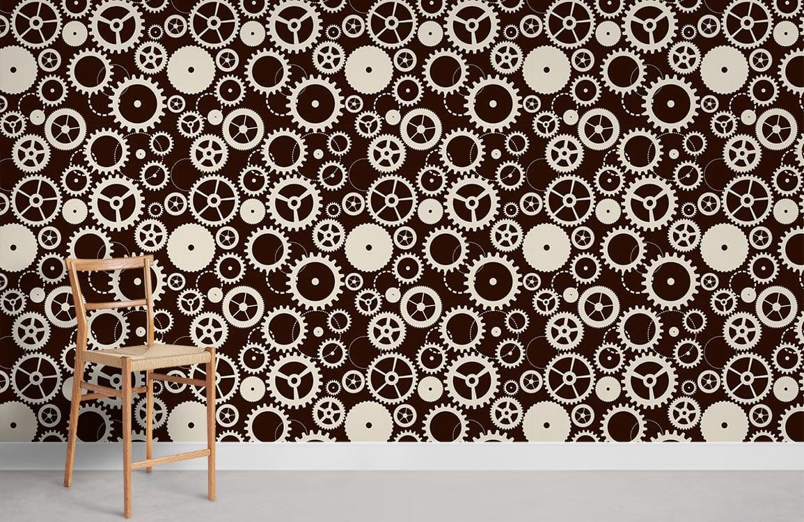Steampunk Gear Pattern Wallpaper, vintage brown and cream; wooden chair, grey flooring, minimalist style.