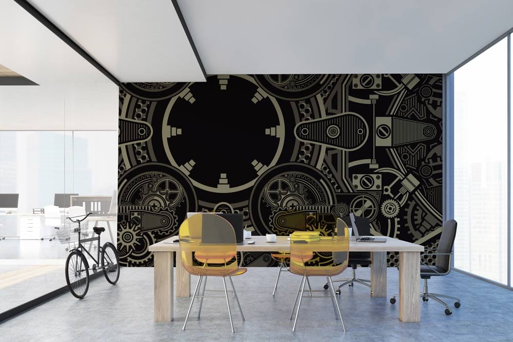 Vintage Steampunk Gear Wallpaper; dark tones, industrial design, office setting, modern furniture, bicycle.