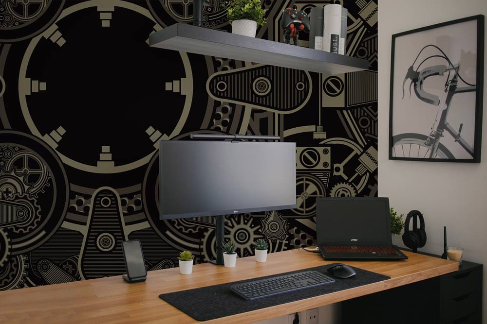 Vintage Steampunk Gear Wallpaper in dark tones, industrial home office decor, minimalist desk setup.