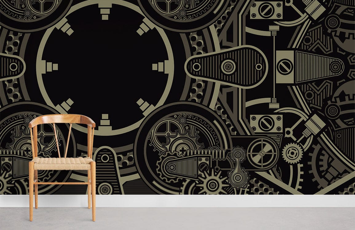 Vintage Steampunk Gear Wallpaper in Industrial Tones, with Wooden Chair, Grey Flooring, Dark Wall Design.