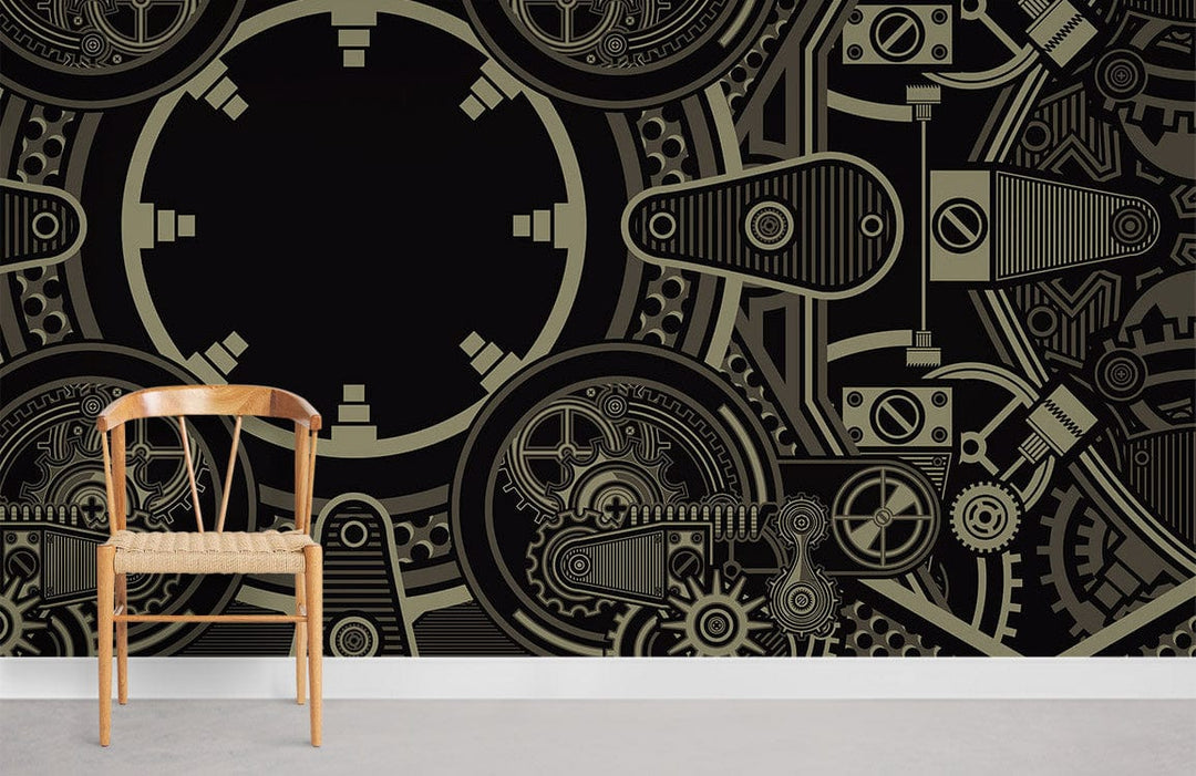 Vintage Steampunk Gear Wallpaper in Industrial Tones, with Wooden Chair, Grey Flooring, Dark Wall Design.