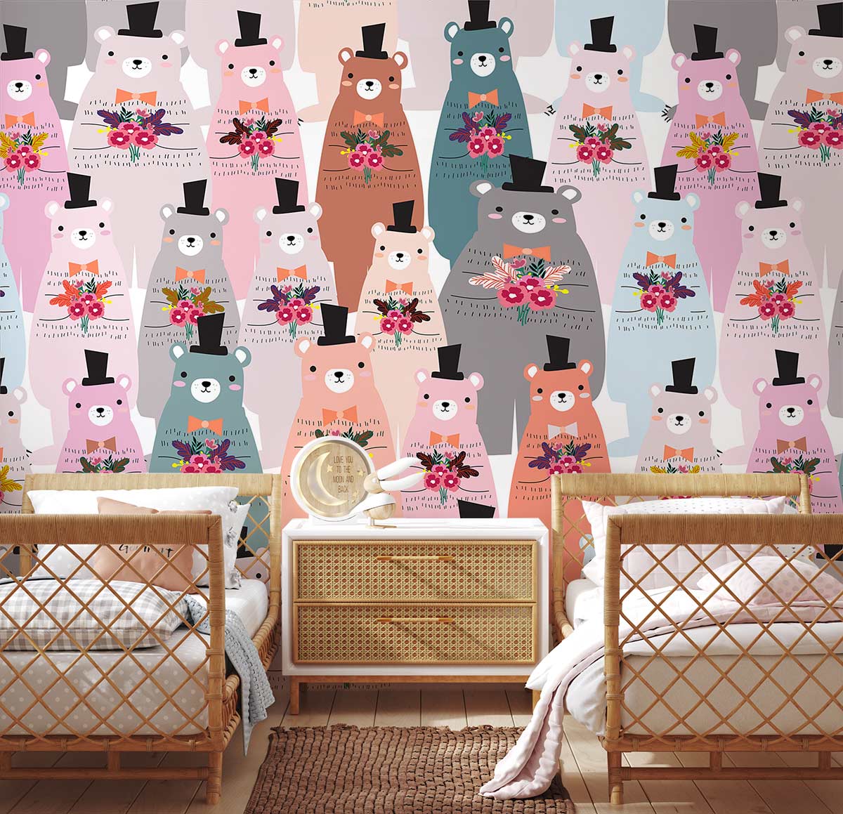 Charming bears wallpaper in children's room with wicker beds, wooden flooring, and pastel decor elements.