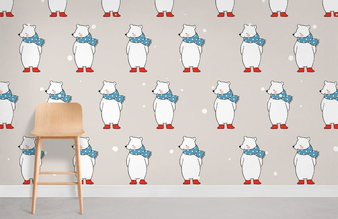 Cosy Winter Polar Bear wallpaper in red and blue, with chair on grey flooring in living room.