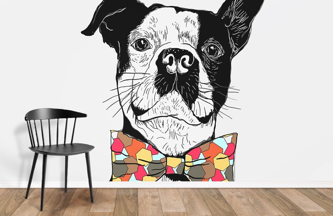 Whimsical dog mural wallpaper, geometric bow tie, black chair, wooden flooring, contemporary room setting.