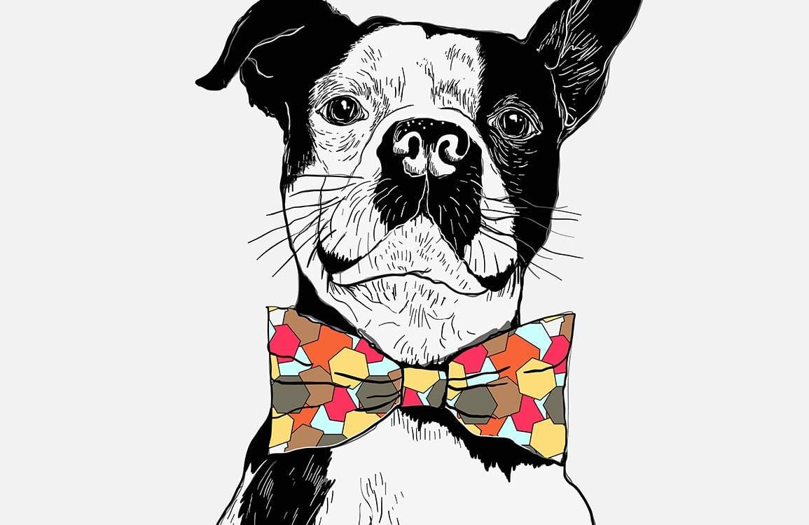 Whimsical Monochrome Dog Mural Wallpaper with Colourful Geometric Bow Tie