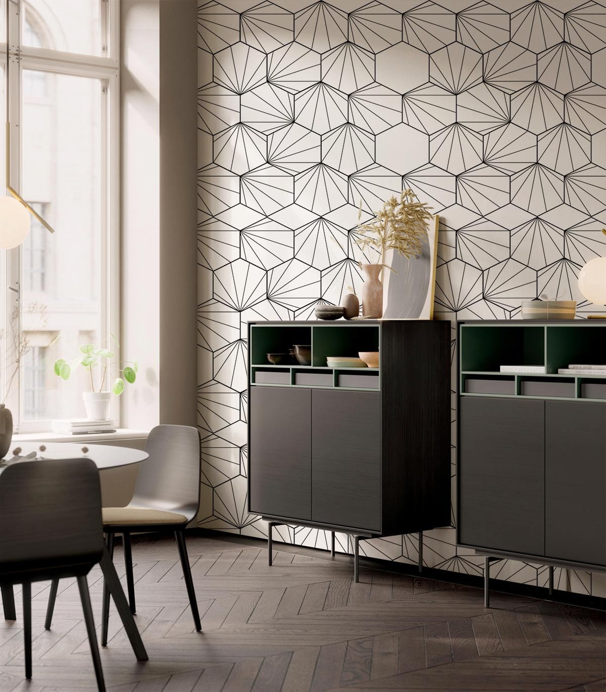 Monochrome hexagon wallpaper, modern dining room, black furniture, dark wood flooring, contemporary decor style.