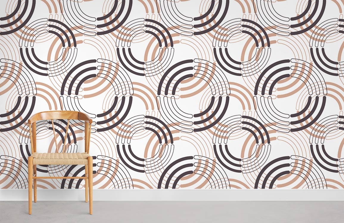 Retro earthy tones geometric wallpaper, vintage elegance; wooden chair, grey flooring, modern decor.