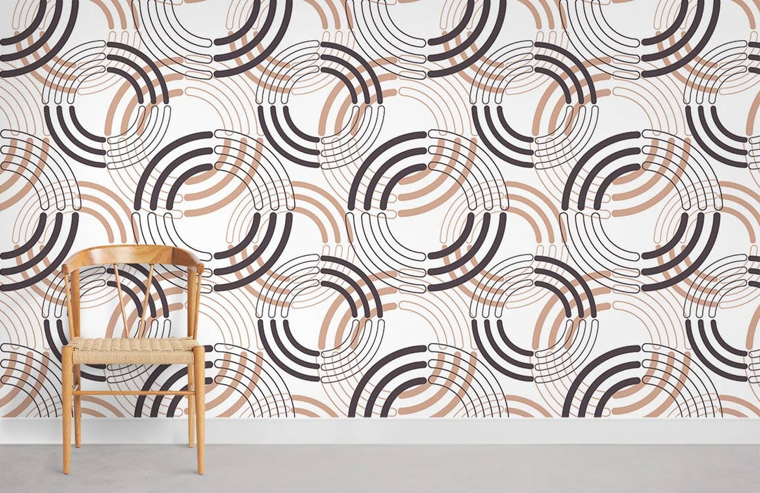Retro earthy tones geometric wallpaper, vintage elegance; wooden chair, grey flooring, modern decor.