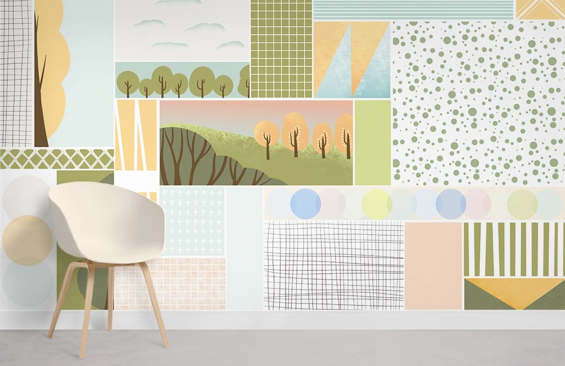 Pastel geometric autumn forest landscape mural wallpaper with eco-friendly decor in modern room design.