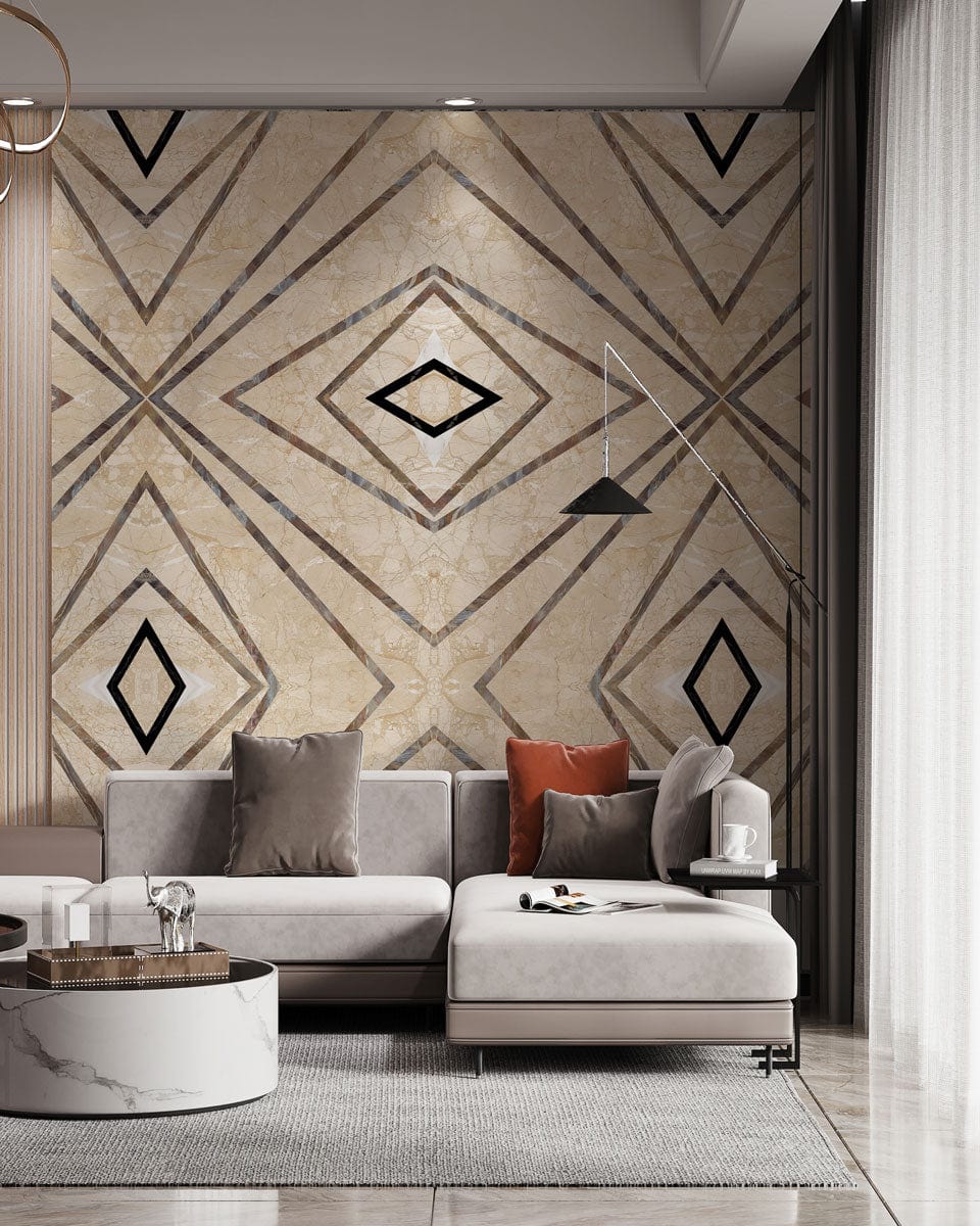 Geometric Elegance Beige Diamond Pattern Wallpaper in modern living room with grey sofa and marble table.
