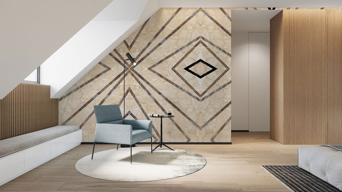 Geometric Elegance Beige Diamond Pattern Wallpaper in modern room with blue chair, wood accents, and lamp.