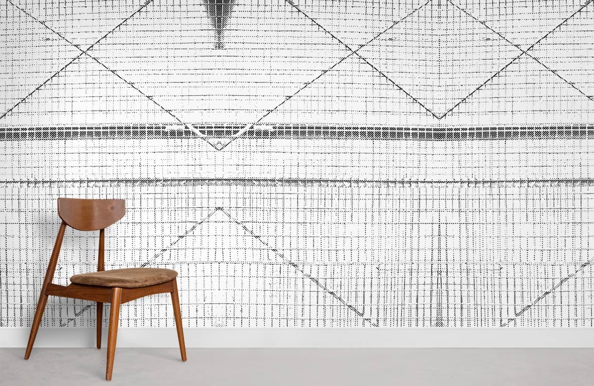 Geometric Monochrome Lines Texture Mural Wallpaper, modern wooden chair, minimalist style, neutral flooring