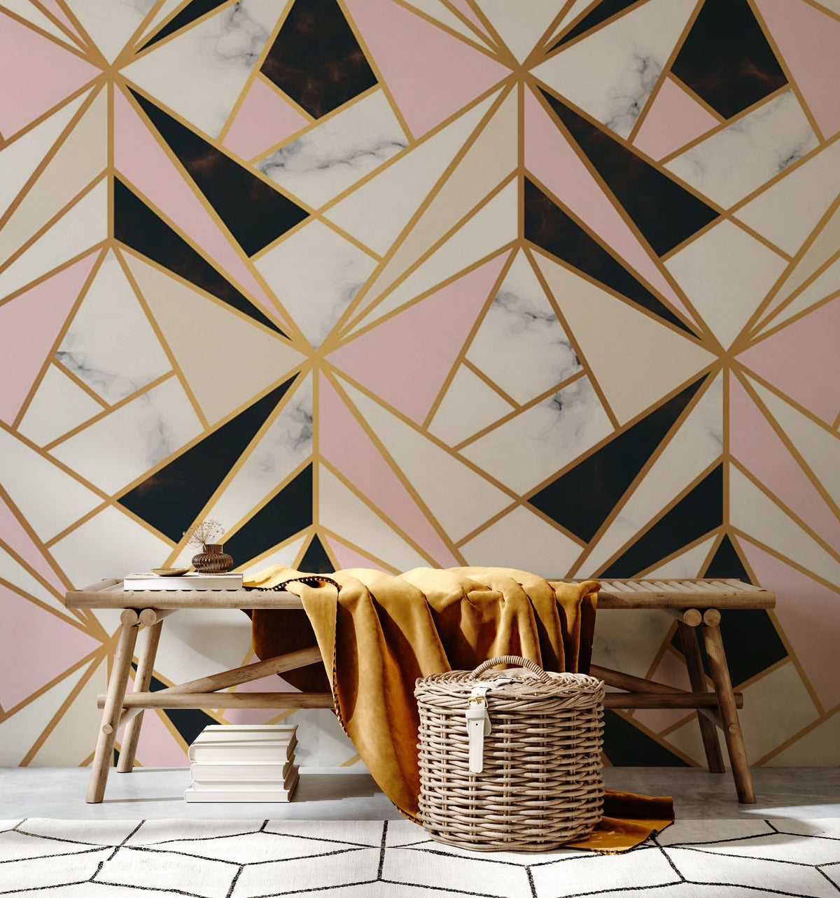 Geometric Marble Gold Triangles Pink Wallpaper in modern living room with bench and basket on rug.