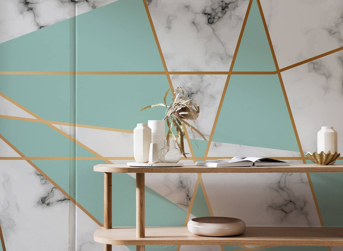 Mint green, gold geometric marble wallpaper with wooden shelf, minimalist decor; sophisticated, stylish room design.