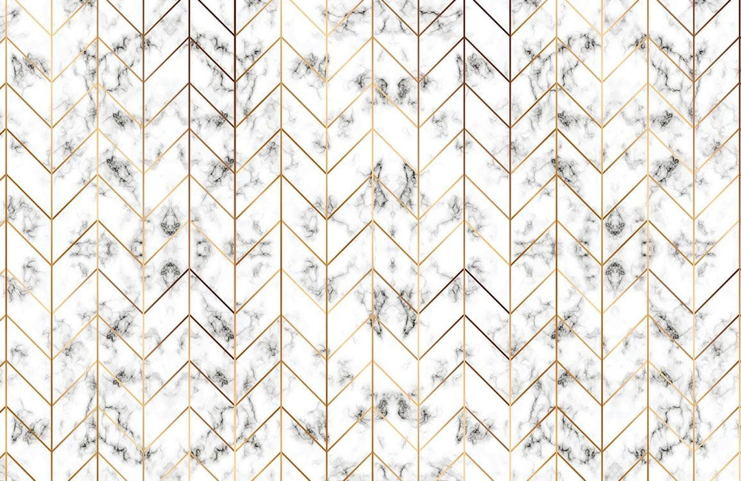 Luxurious White Marble Chevron Patterned Wallpaper with Gold Accents Elegance