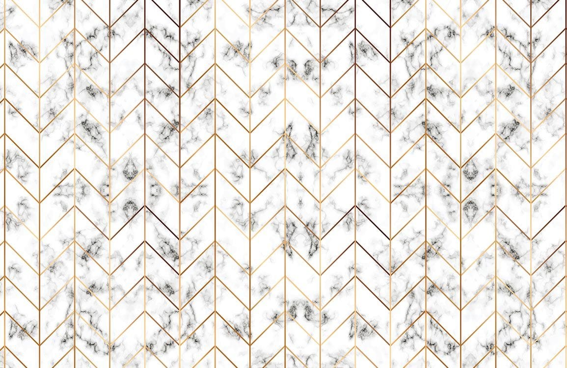 Luxurious White Marble Chevron Patterned Wallpaper with Gold Accents Elegance