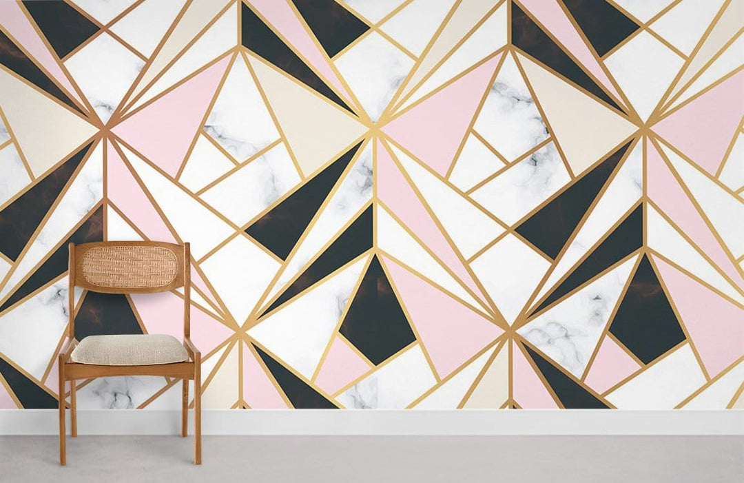 Wooden chair against geometric marble and gold triangles on pink abstract wallpaper. Modern design.