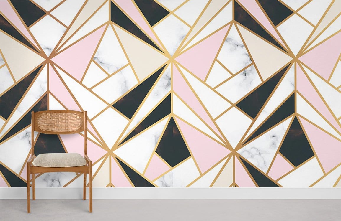 Wooden chair against geometric marble and gold triangles on pink abstract wallpaper. Modern design.
