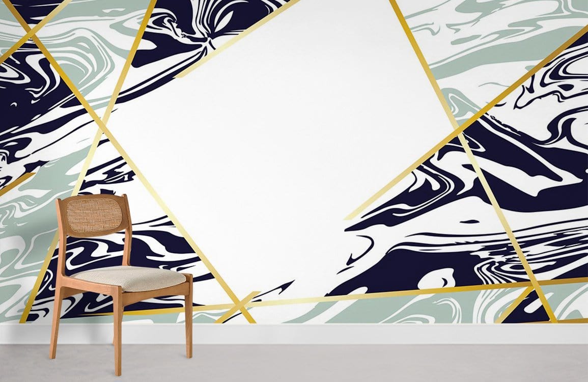 Modern blue and gold marble wallpaper mural, featuring geometric patterns, with wooden chair in room.