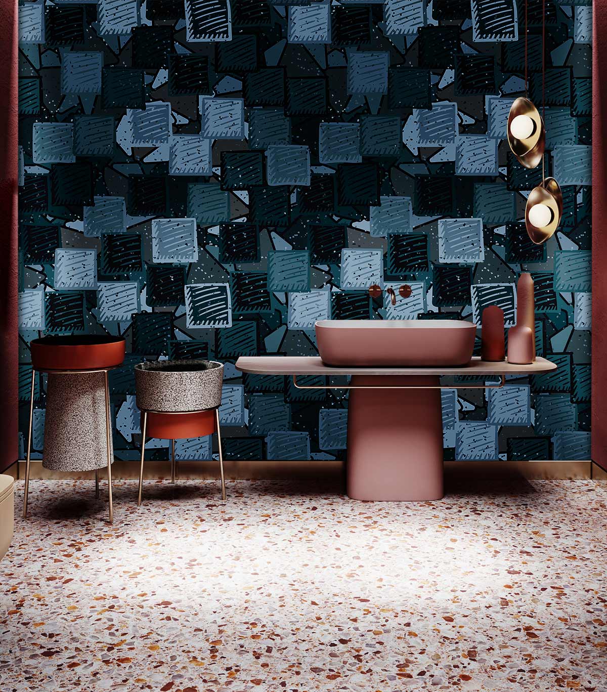 Geometric blue and grey wallpaper in abstract style with modern terrazzo flooring and blush vanity unit.