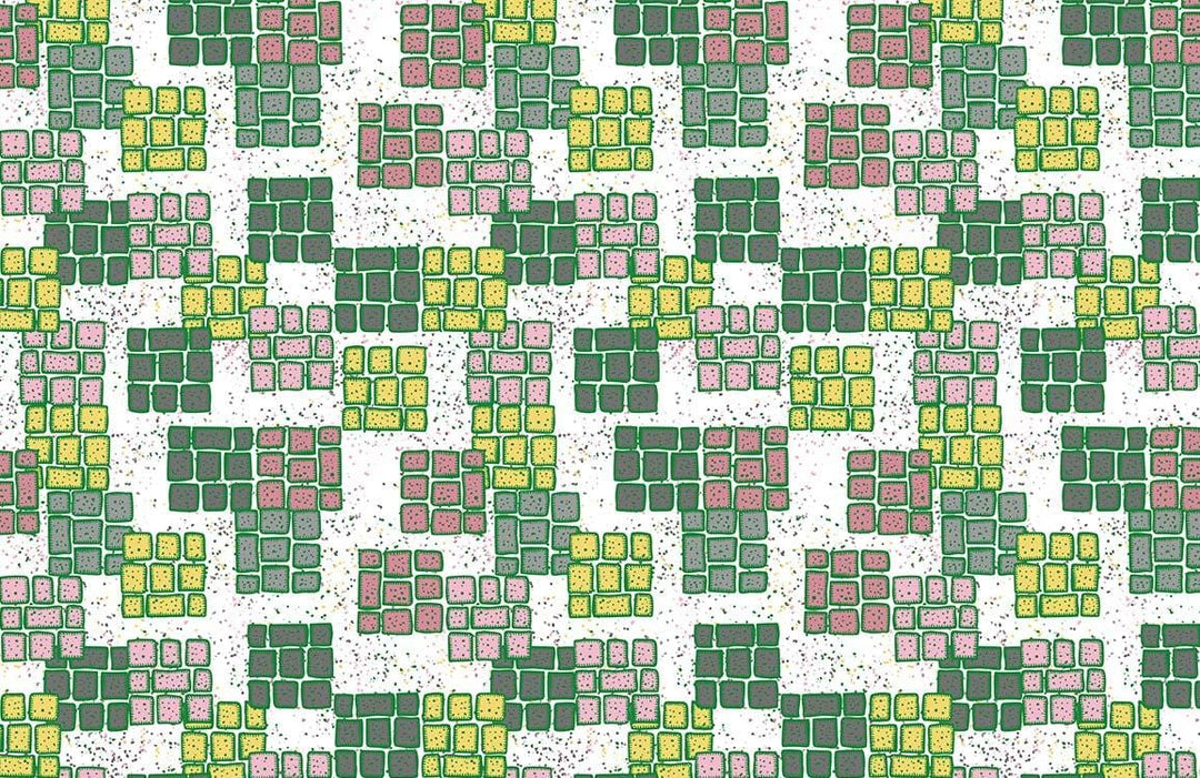 Retro Mosaic Pattern Wallpaper in Green, Yellow, Pink Squares Design