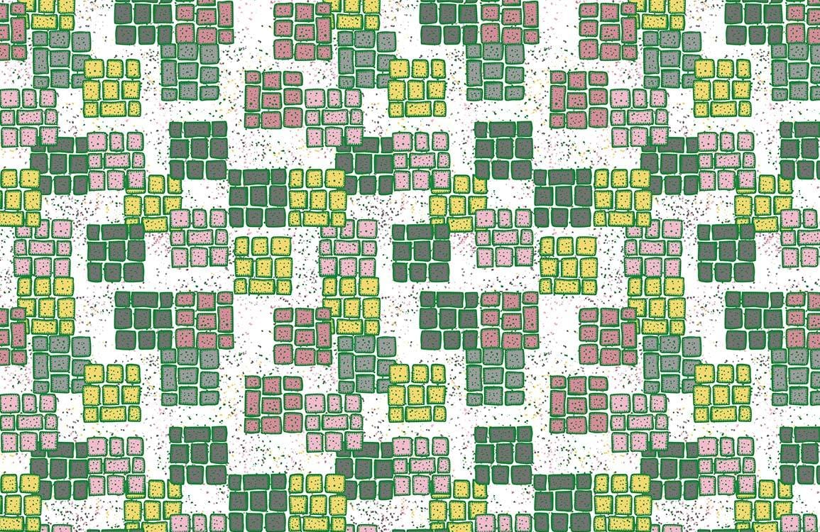 Retro Mosaic Pattern Wallpaper in Green, Yellow, Pink Squares Design
