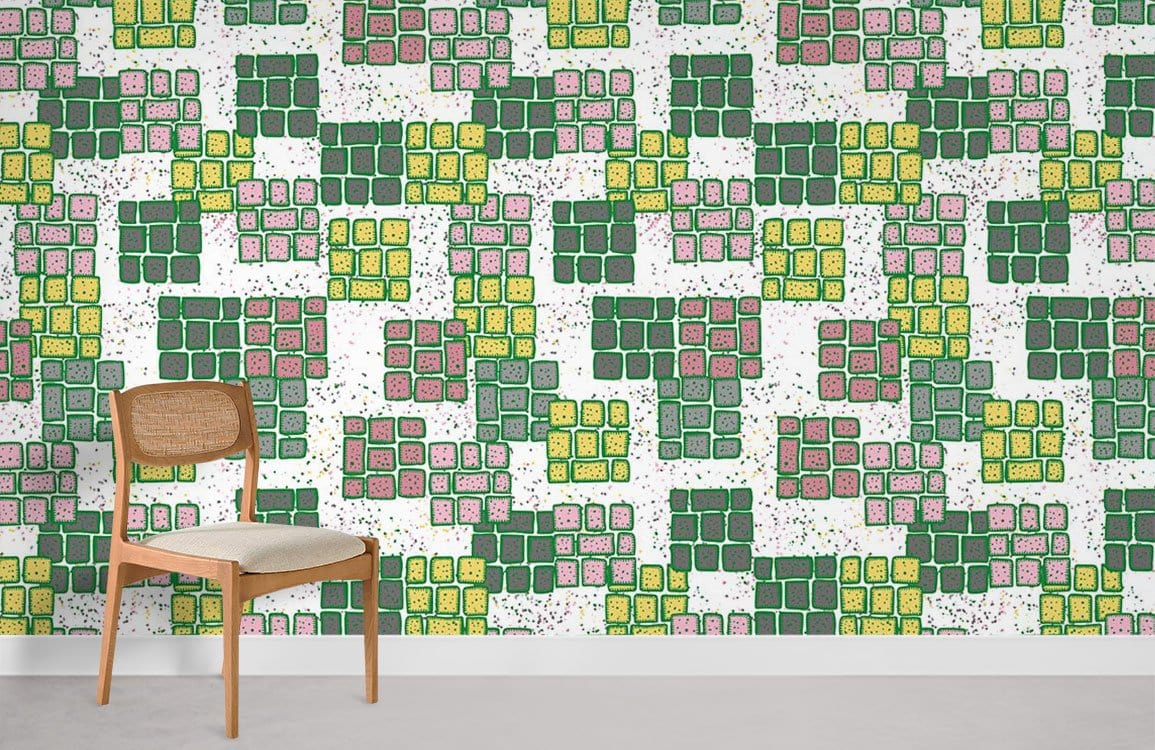 Retro Mosaic Pattern Wallpaper with green, yellow, pink squares. Wooden chair, concrete flooring included.
