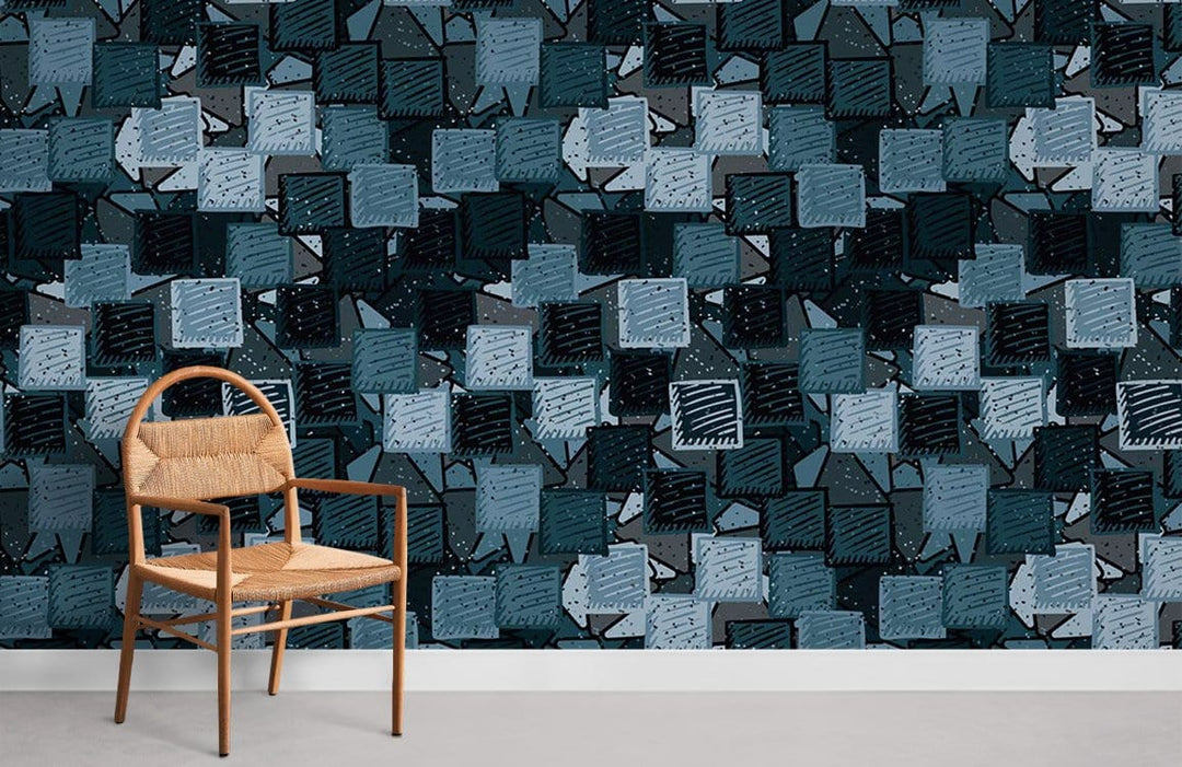 Geometric blue and grey wallpaper in modern room with wooden chair on concrete flooring.