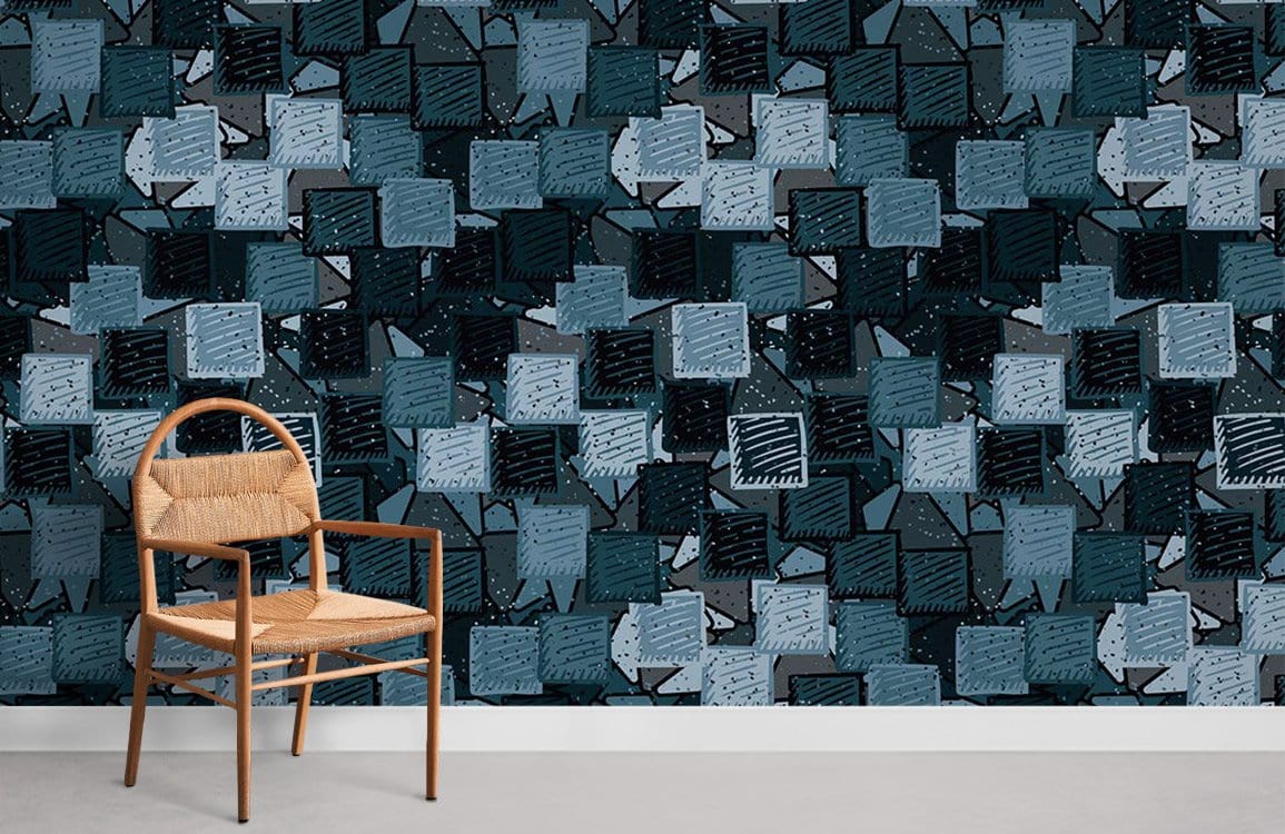 Geometric blue and grey wallpaper in modern room with wooden chair on concrete flooring.