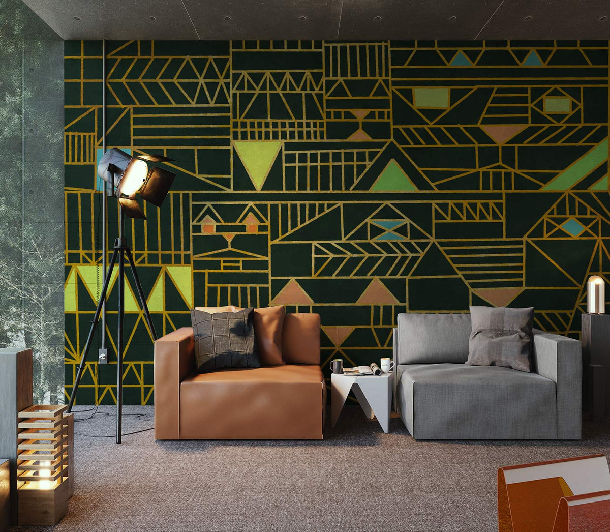 Geometric gold and teal Art Deco wallpaper, dark room, brown and grey sofas, tripod lamp, carpet.