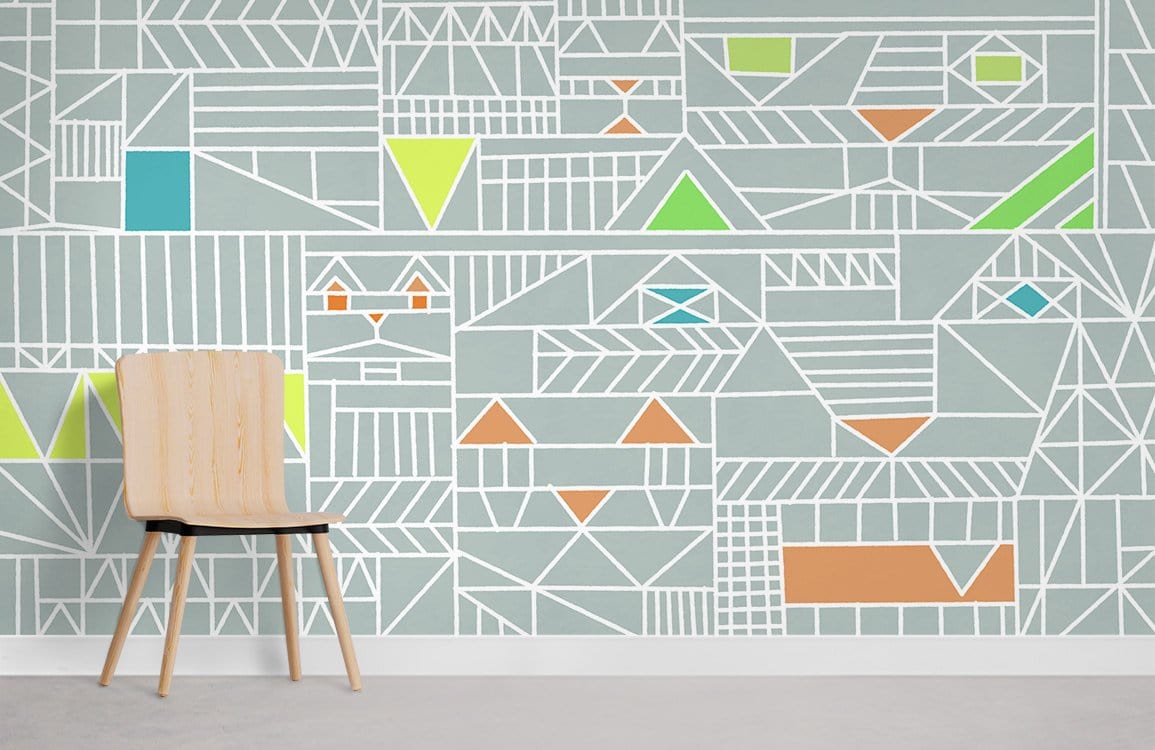 Geometric abstract pattern wallpaper, soft grey with colourful accents, wooden chair, contemporary room decor.