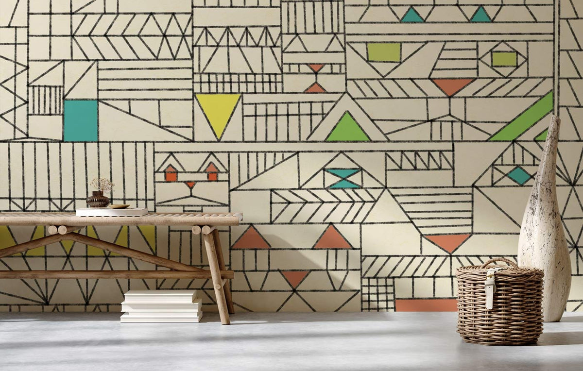 Cream geometric retro pastel pattern wallpaper with wooden bench in modern interior setting.