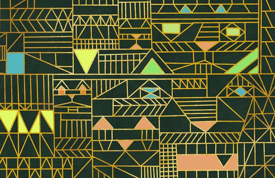 Geometric Gold and Teal Art Deco Style Wallpaper with Dark Background