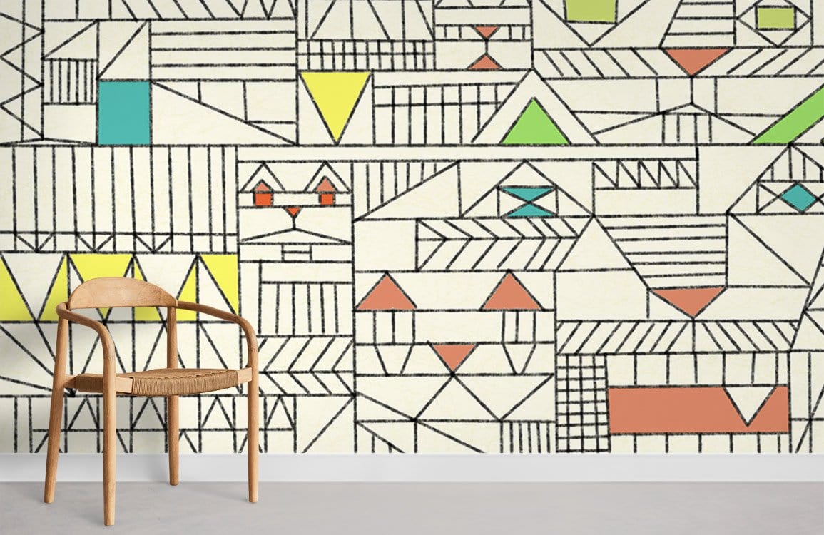 Geometric Retro Pastel Pattern Wallpaper on cream wall with wooden chair in modern room setting.