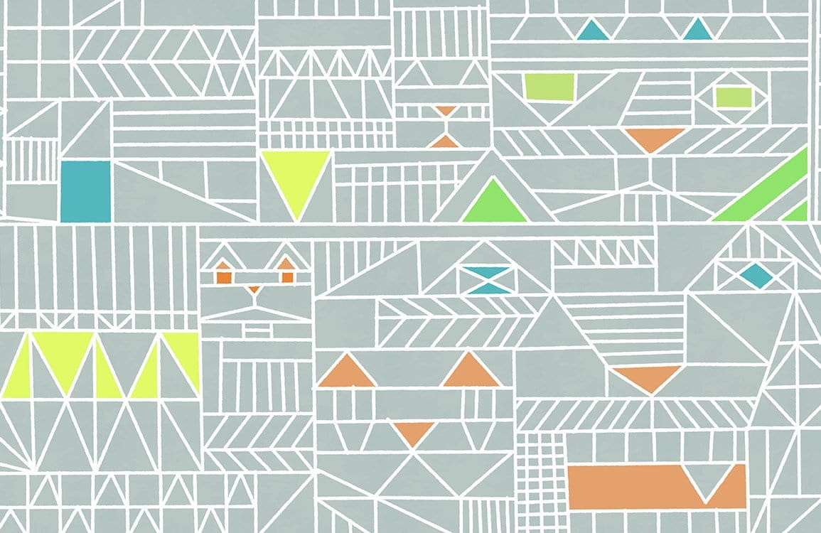 Geometric Abstract Pattern Wallpaper in Soft Grey with Colourful Accents
