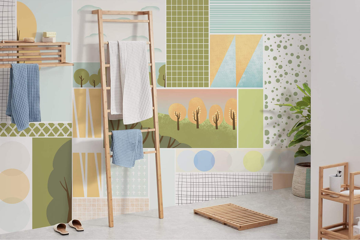 Pastel geometric mural wallpaper in an eco-friendly decor with minimalist wooden ladder in modern bathroom.