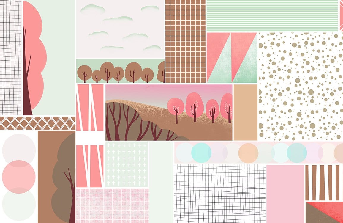 Pastel Geometric Landscape Mural Wallpaper: Modern Pink, Green, and Taupe Design