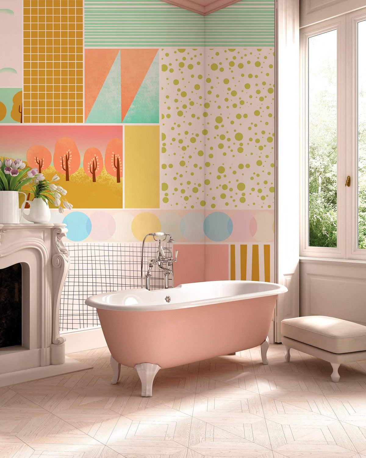 Pastel geometric landscape mural wallpaper with trees, pink bathtub, parquet flooring, Victorian-style fireplace, window.
